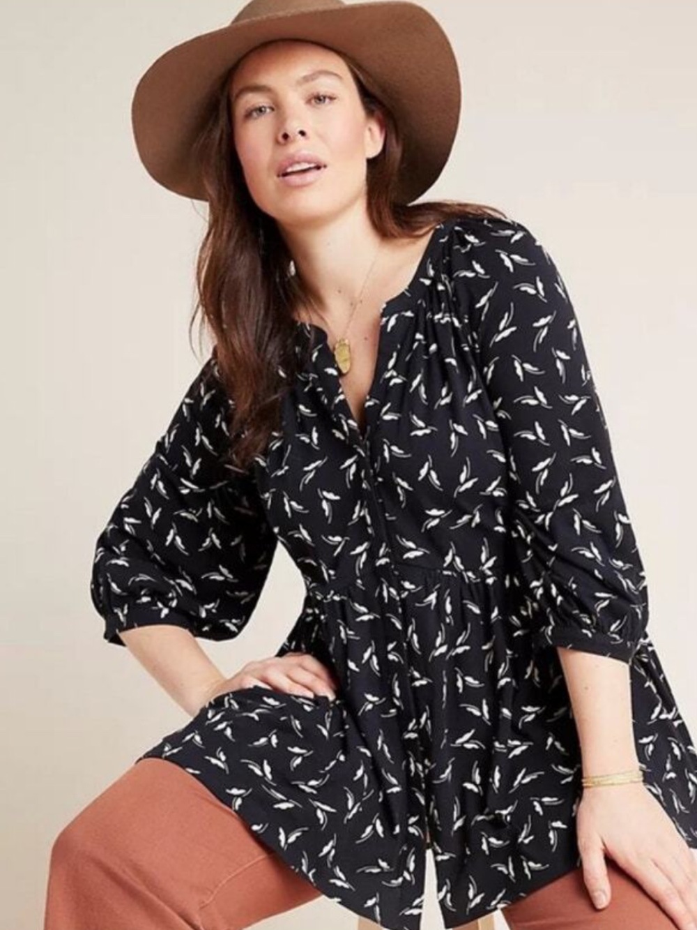 Maeve Black Printed Peasant Blouse - Classic Women's Top